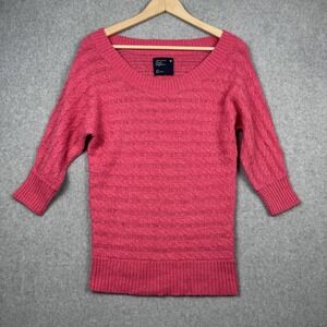 American Eagle Sweater Womens S Pink 3/4 Sleeve Scoop Neck Cable Knit Wool Blend
